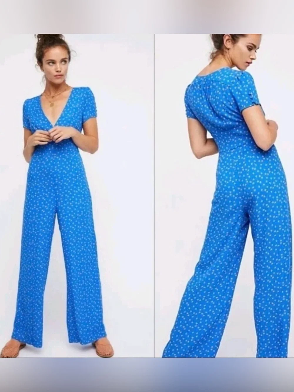 Free People Bright Blue Short Sleeve Wide Leg Jumpsuit with White Dot Print